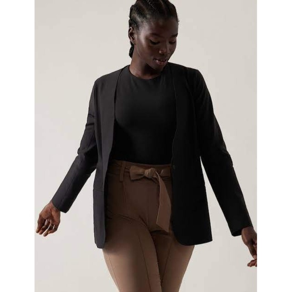 Athleta Avenues Blazer Black Collarless Open Front Snap Jacket Womens Size 20